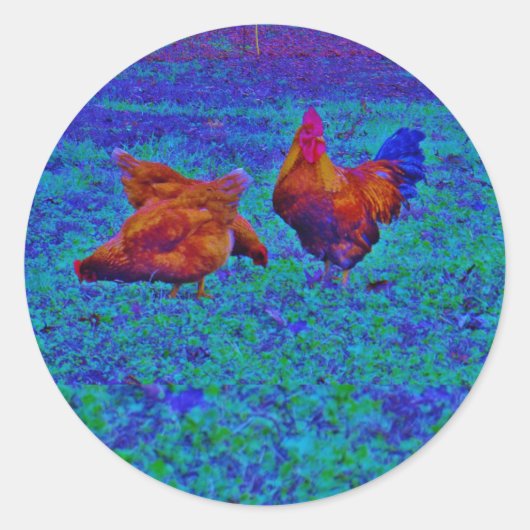 Rainbow Rooster & Hens, elektrisch blauw Ronde Sticker (Voorkant)