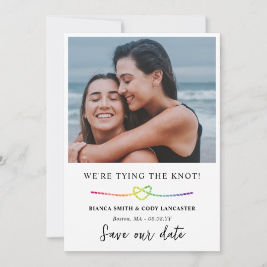 Rainbow Rope Heart LGBT Tying the Knot Save The Date (Voorkant)