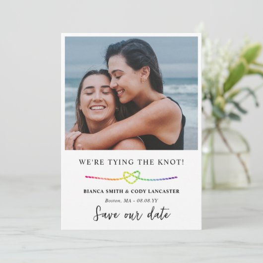 Rainbow Rope Heart LGBT Tying the Knot Save The Date (Staand voorkant)