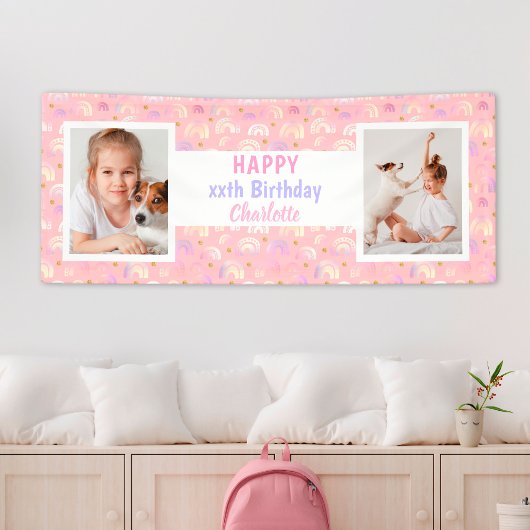 Rainbow roze Any Age Girl Foto Birthday Party Spandoek