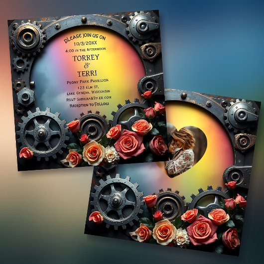 Rainbow Rozen en Metal Steampunk LGBT Wedding Kaart