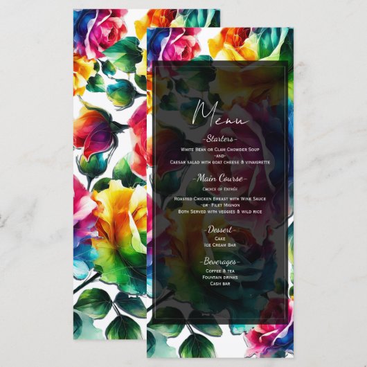 Rainbow Rozen Zwart & Wit Bloemen Wedding Menu (Voorkant / Achterkant)