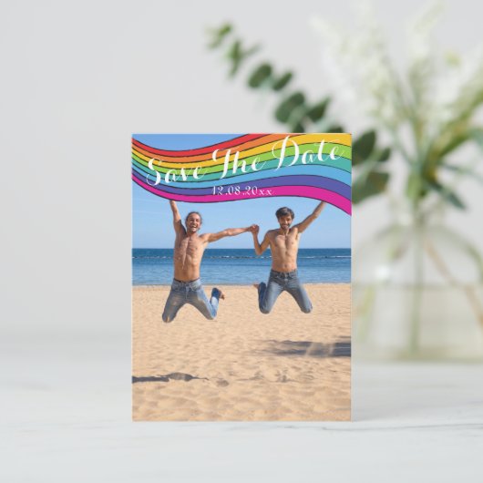 Rainbow Same Gender Photo Wedding Save the Date Briefkaart (Staand voorkant)