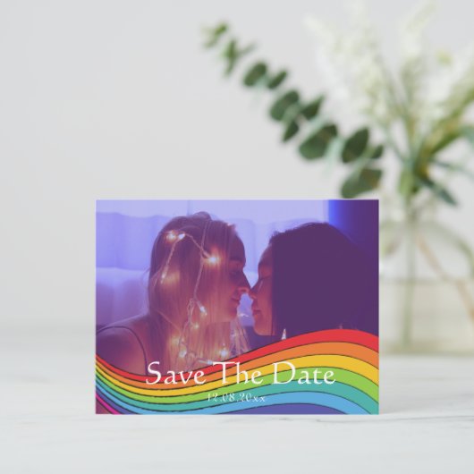 Rainbow Same Gender Photo Wedding Save the Date Po Briefkaart (Staand voorkant)