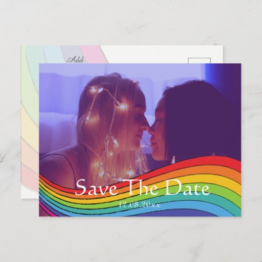 Rainbow Same Gender Photo Wedding Save the Date Po Briefkaart (Voorkant / Achterkant)