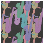 Rainbow Saxophones Pattern on Black Fabric Stof (Close Up)