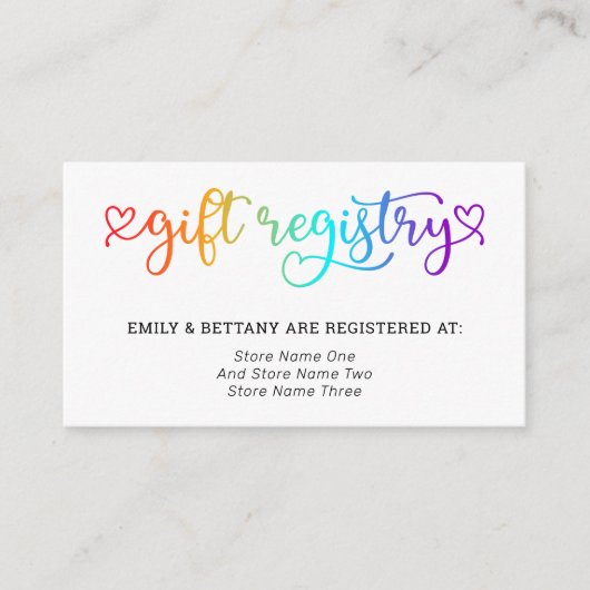 Rainbow Schattige Hearts Gift Registry LGBT Weddin Informatiekaartje (Voorkant)