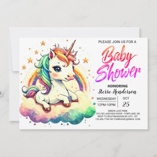 Rainbow Schattigee bewerkbare Eenhoorn Baby shower Kaart (Voorkant)