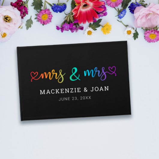 Rainbow Script Black Mrs & Mrs Lesbian Wedding Gastenboek