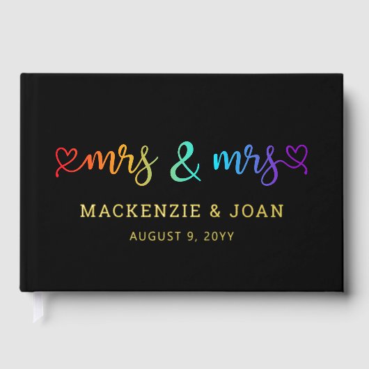 Rainbow Script Black Mrs & Mrs Lesbian Wedding Gastenboek (Voorkant)