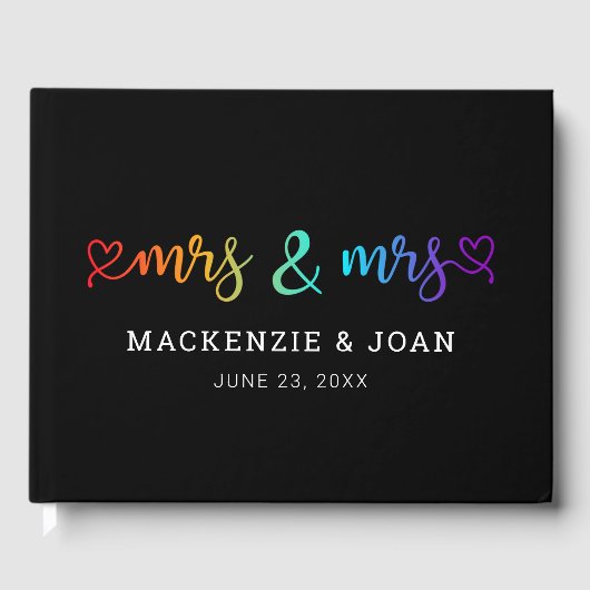 Rainbow Script Black Mrs & Mrs Lesbian Wedding Gastenboek (Voorkant)