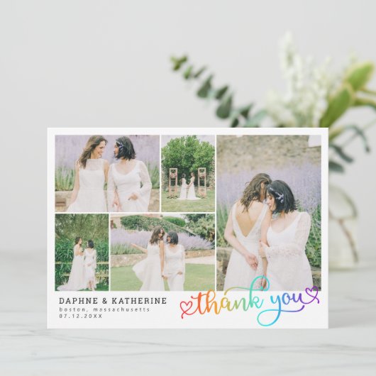 Rainbow Script Wedding Photo Collage Bedankt (Staand voorkant)