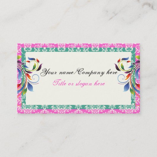 Rainbow scroll blad blauwgroen roze damast randen visitekaartje (Voorkant)