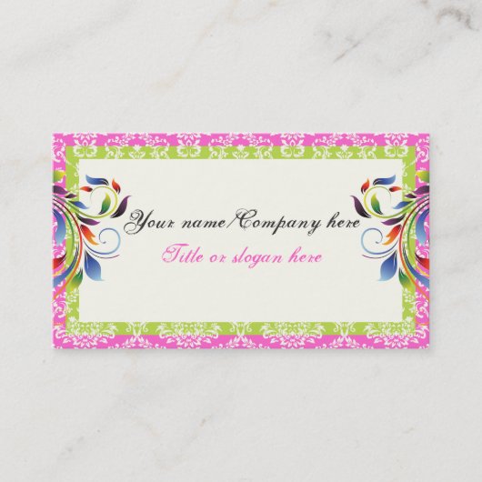 Rainbow scroll blad limoen roze damast randen visitekaartje (Voorkant)