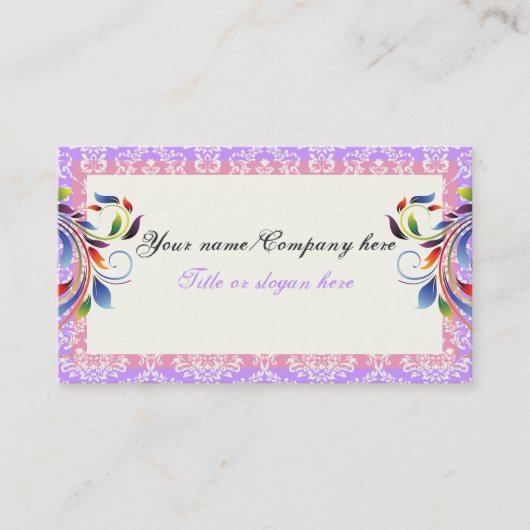 Rainbow scroll blad paarse roze damast randen visitekaartje (Voorkant)