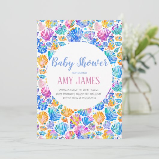 Rainbow Seashells Baby shower Invitation Kaart (Staand voorkant)