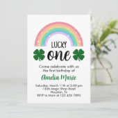 Rainbow & Shamrock Lucky One First Birthday Kaart (Staand voorkant)