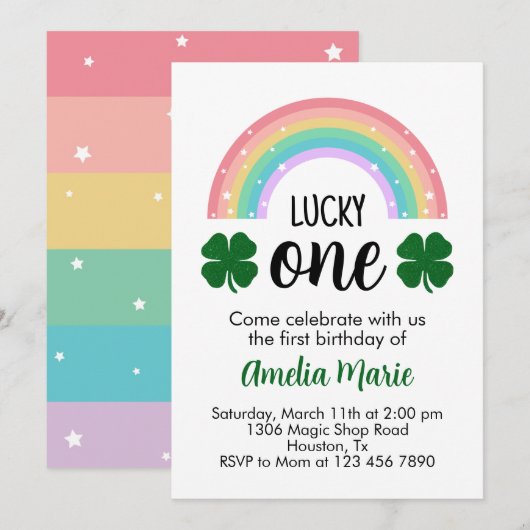 Rainbow & Shamrock Lucky One First Birthday Kaart (Voorkant / Achterkant)