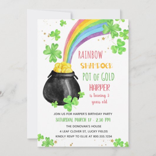 Rainbow Shamrock Pot of Gold Kids Birthday Kaart (Voorkant)