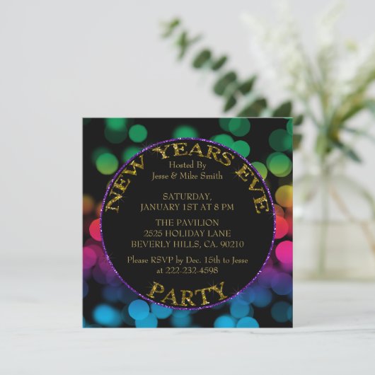 Rainbow Shimmer Lights Glitter New Years Eve Party Kaart (Staand voorkant)