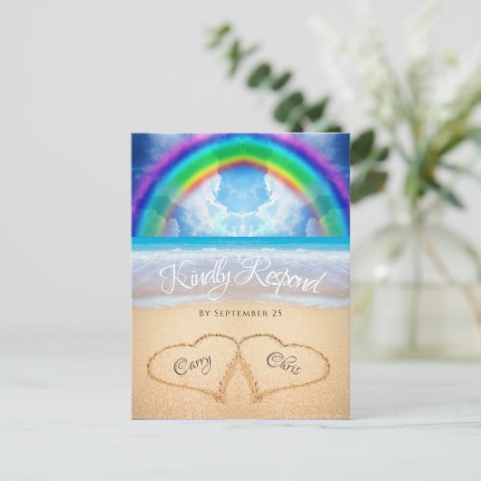 Rainbow Sky Beach Wedding RSVP Briefkaart (Staand voorkant)