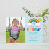 Rainbow Sky Blue Photo Girls Birthday Party Kaart (Staand voorkant)