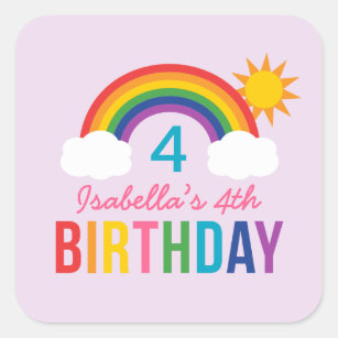 Rainbow Sky Paarse meisjes Verjaardagsfeest Vierkante Sticker