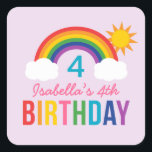 Rainbow Sky Paarse meisjes Verjaardagsfeest Vierkante Sticker<br><div class="desc">Deze super schattige meid verjaardagsfeestgunst sticker heeft een kleurrijk felle regenboogontwerp met pluizige wolken en zomerzonneschijn. Personaliseer met de naam en het jaar van uw kind. Lichte lavendel paarse achtergrond met meisjesachtige regenboogkleuren: rood,  sinaasappel,  geel,  hete roze,  groen,  blauwgroen,  koningsblauw en violet paars.</div>