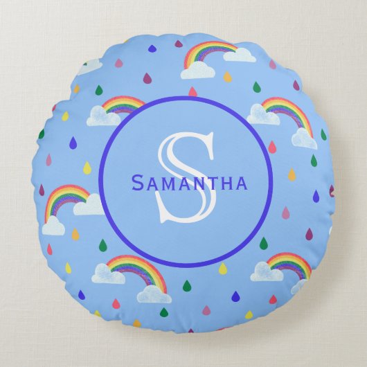 Rainbow Sky Rain druppelt gepersonaliseerd monogra Rond Kussen (Voorkant)
