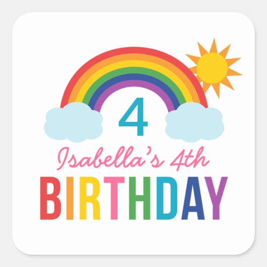 Rainbow Sky White Girls Birthday Party Vierkante Sticker (Voorkant)