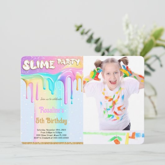 Rainbow Slime Verjaardagsfeestfoto Kaart (Staand voorkant)