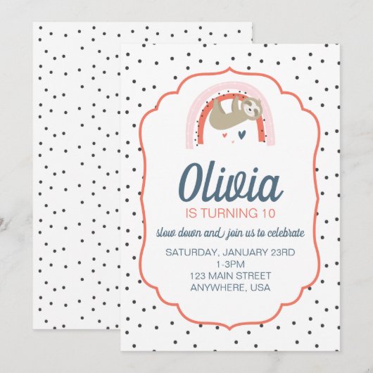 Rainbow Sloth Verjaardagsfeest Uitnodigen Kaart (Voorkant / Achterkant)