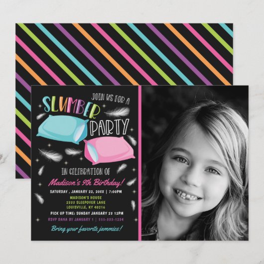 Rainbow Slumber Party Sluepover Foto Birthday Kaart (Voorkant / Achterkant)