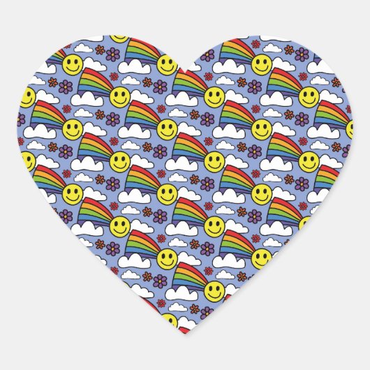 Rainbow Smiley Face en Flowers Hippie Pattern Hart Sticker (Voorkant)