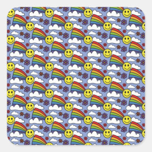 Rainbow Smiley Gezicht en Bloemen Hippie Patroon Vierkante Sticker