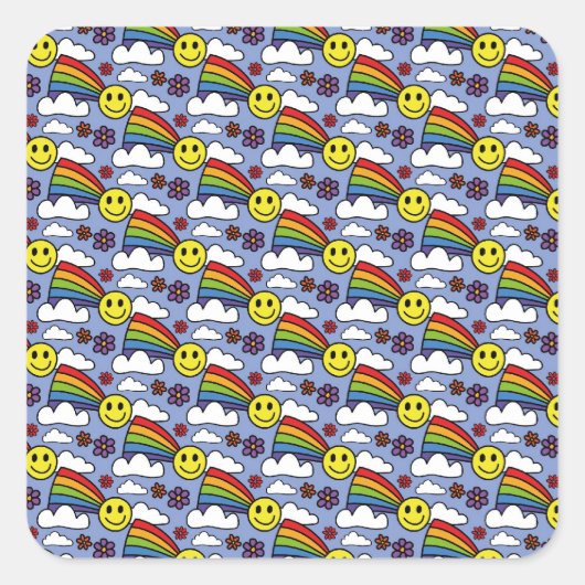 Rainbow Smiley Gezicht en Bloemen Hippie Patroon Vierkante Sticker (Voorkant)