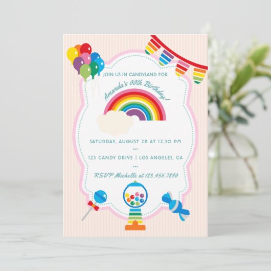 Rainbow Snoep Birthday Party-uitnodiging Kaart (Staand voorkant)