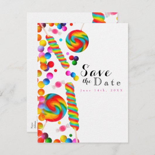 Rainbow Snoep Sweet Verjaardagsfeest Bewaar de dat Aankondigingskaart (Voorkant / Achterkant)