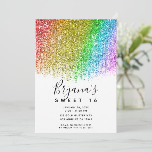 Rainbow Snowcone Glitter Sparkly Sweet 16 Party Kaart (Staand voorkant)