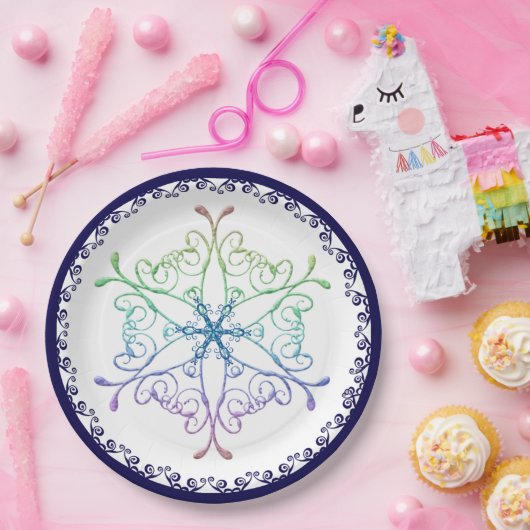 Rainbow Snowflake Blue Trim Holiday Papieren Bordje (Feest)