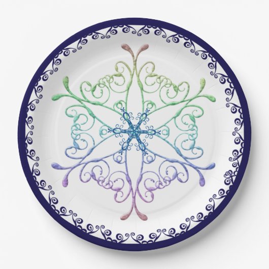 Rainbow Snowflake Blue Trim Holiday Papieren Bordje (Voorkant)