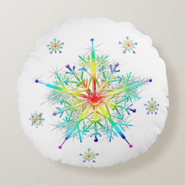 Rainbow Snowflake Ice Crystal Rond Kussen (Voorkant)