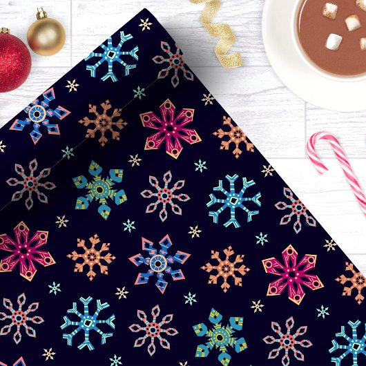 Rainbow Snowflakes Navy Blue Christmas Cadeaupapier