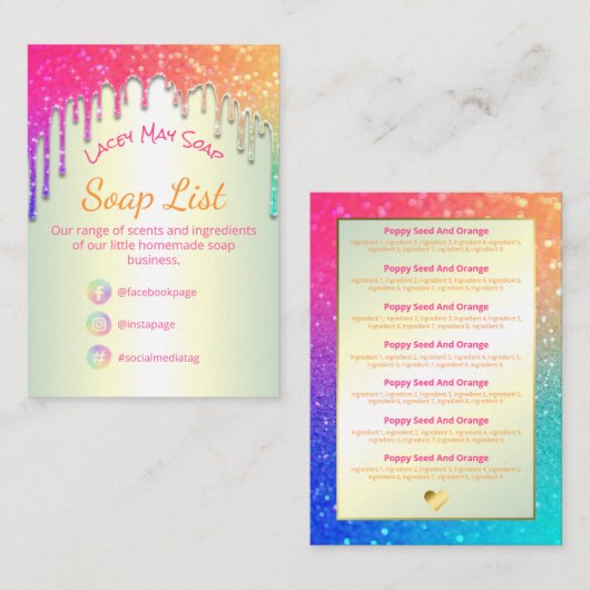 Rainbow Soap Fragrance Ingredients uitstrijken Visitekaartje (Voorkant / Achterkant)
