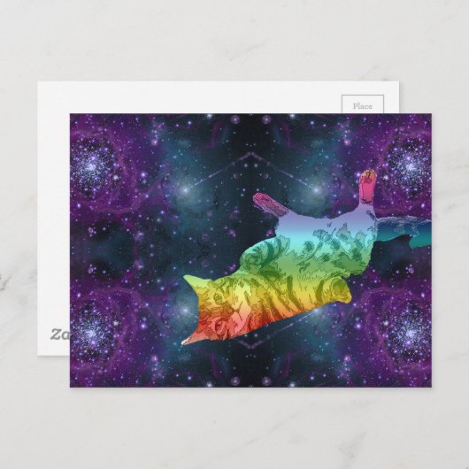 Rainbow Space Kitty Cat in Galaxy Briefkaart (Voorkant / Achterkant)