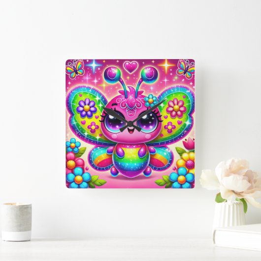 Rainbow Sparkle Butterfly Vierkante Klok (Huis)