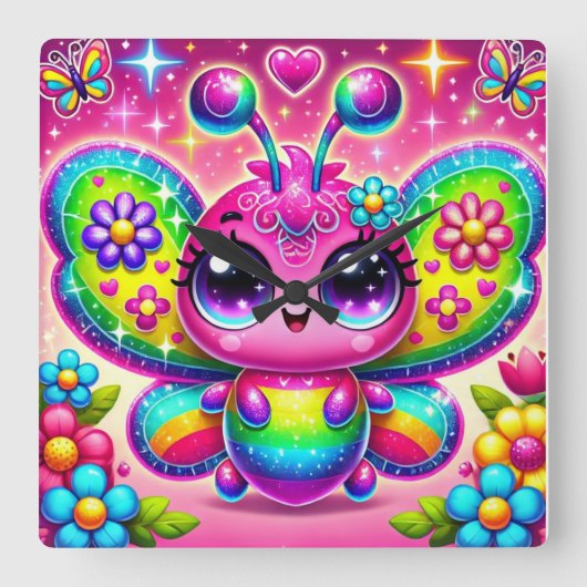 Rainbow Sparkle Butterfly Vierkante Klok (Voorkant)