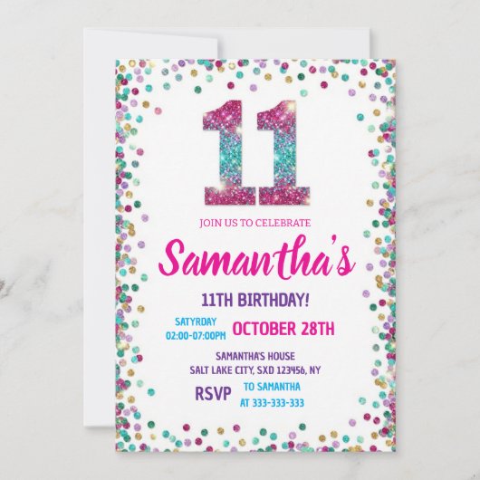Rainbow Sparkle Glitter 11th Birthday Party  Kaart (Voorkant)