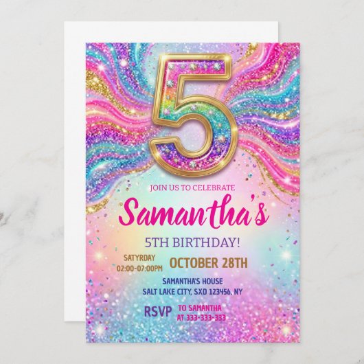 Rainbow Sparkle Glitter 5th Birthday Party Kaart (Voorkant / Achterkant)