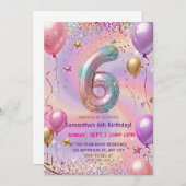 Rainbow Sparkle Glitter 6th Birthday Party Kaart (Voorkant / Achterkant)